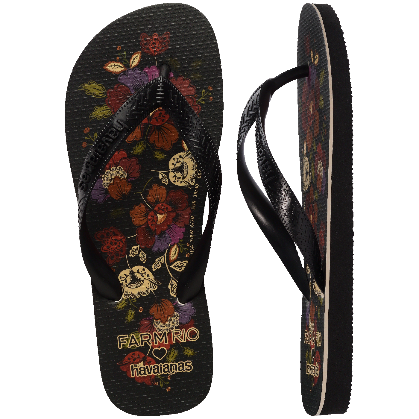 Chinelo  Farm Flor de Fita Feminino Confortável Estampado Preto Verão